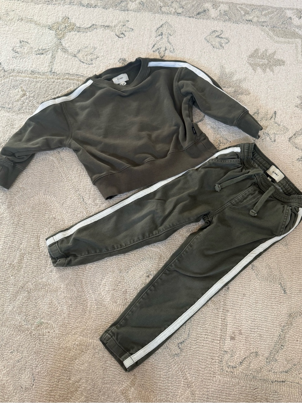 DL1961 Olive Green Kids Sweatshirt & Jogger Set with White Stripe